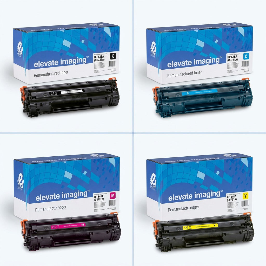 Elevate Imaging remanufactured HP 645A (C9731A) CMYK toner cartridge set with retail boxes.