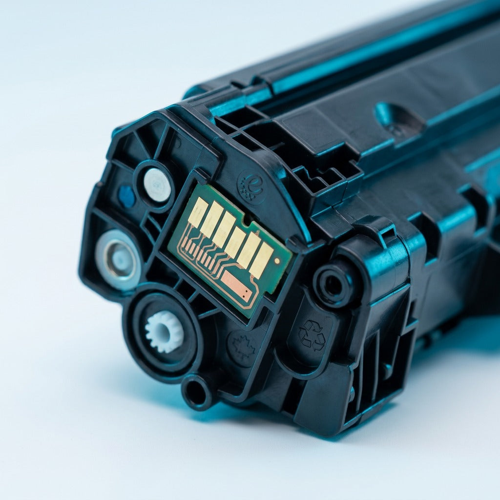 Macro detail of the gold-plated contact chip on an Elevate Imaging HP 645A (C9731A) cyan toner.