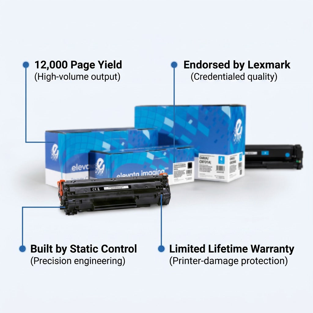 Elevate Imaging C9731A cyan toner cartridge featuring a 12,000 page yield and lifetime warranty.
