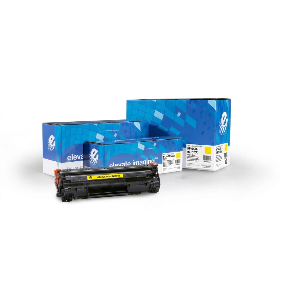 Elevate Imaging HP 643A (C9732A) remanufactured yellow toner cartridge and branded blue boxes.