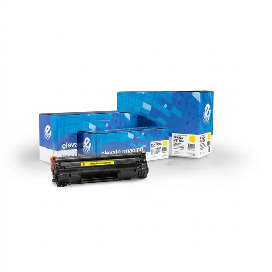 Elevate Imaging HP 643A (C9732A) remanufactured yellow toner cartridge and branded blue boxes.