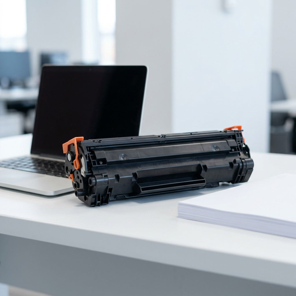 HP 643A (C9732A) Yellow Remanufactured Toner Cartridge on a desk with a laptop for scale.