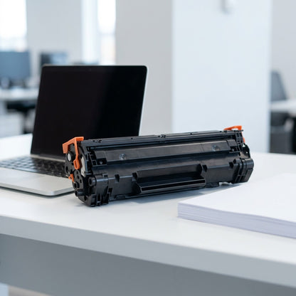 HP 643A (C9732A) Yellow Remanufactured Toner Cartridge on a desk with a laptop for scale.