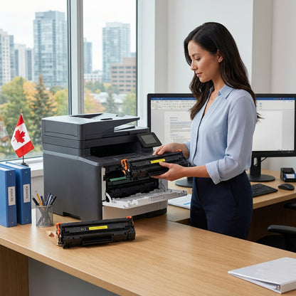 Office professional installing a yellow HP 643A (C9732A) remanufactured toner into a laser printer.