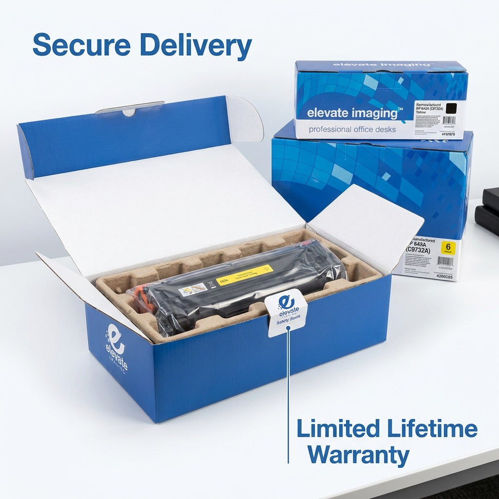 Packaging for Elevate Imaging HP 643A C9732A yellow toner showing secure internal protective foam.