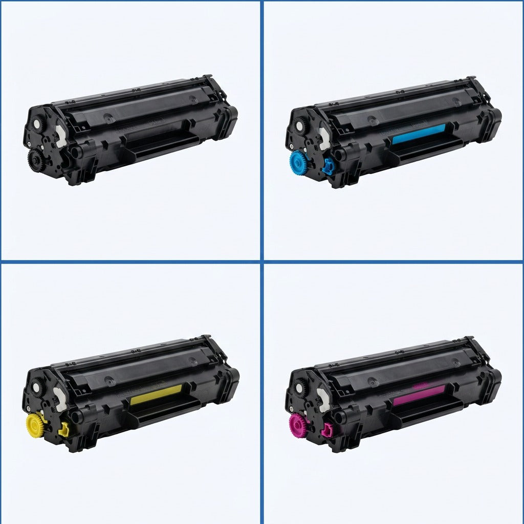2x2 grid showing Elevate Imaging HP 643A remanufactured toner cartridges in black, cyan, yellow, and magenta.
