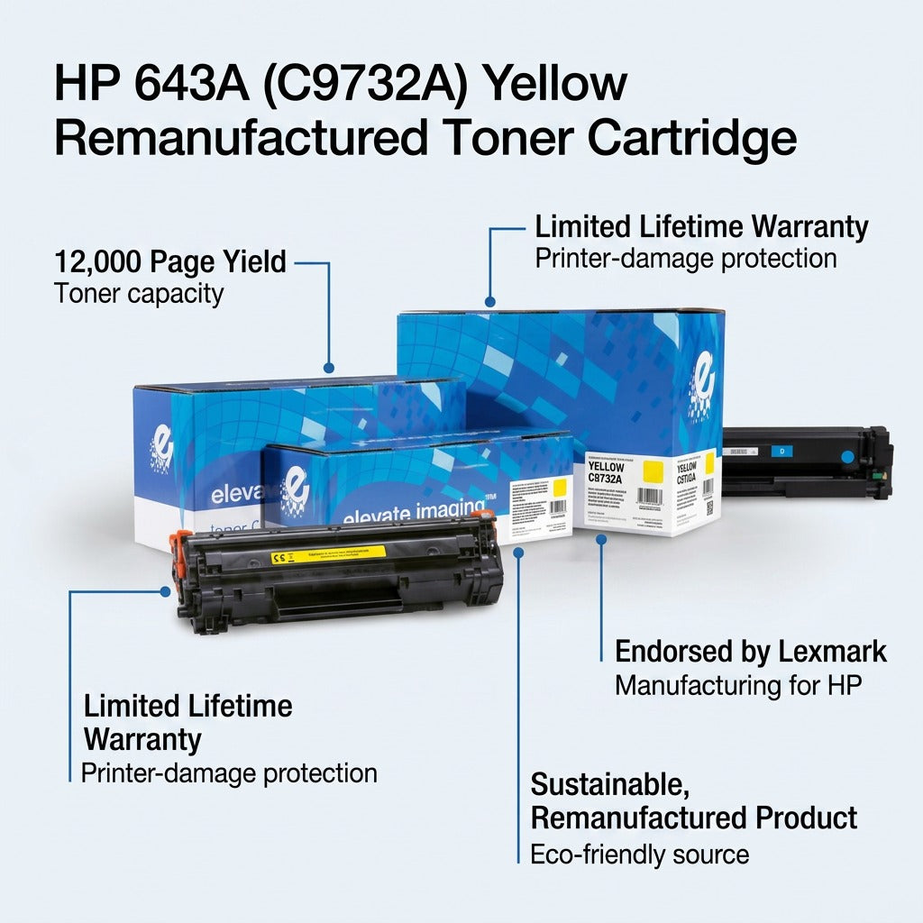 HP 643A (C9732A) Yellow Remanufactured Toner Cartridge with trade boxes and 12,000 page yield callout