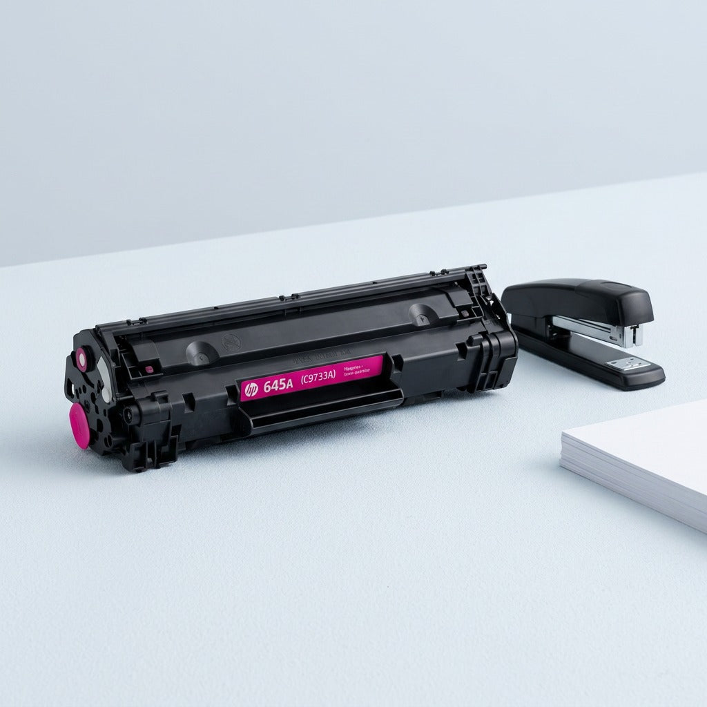 Elevate Imaging C9733A Magenta magenta toner cartridge on a desk next to a stapler for scale.