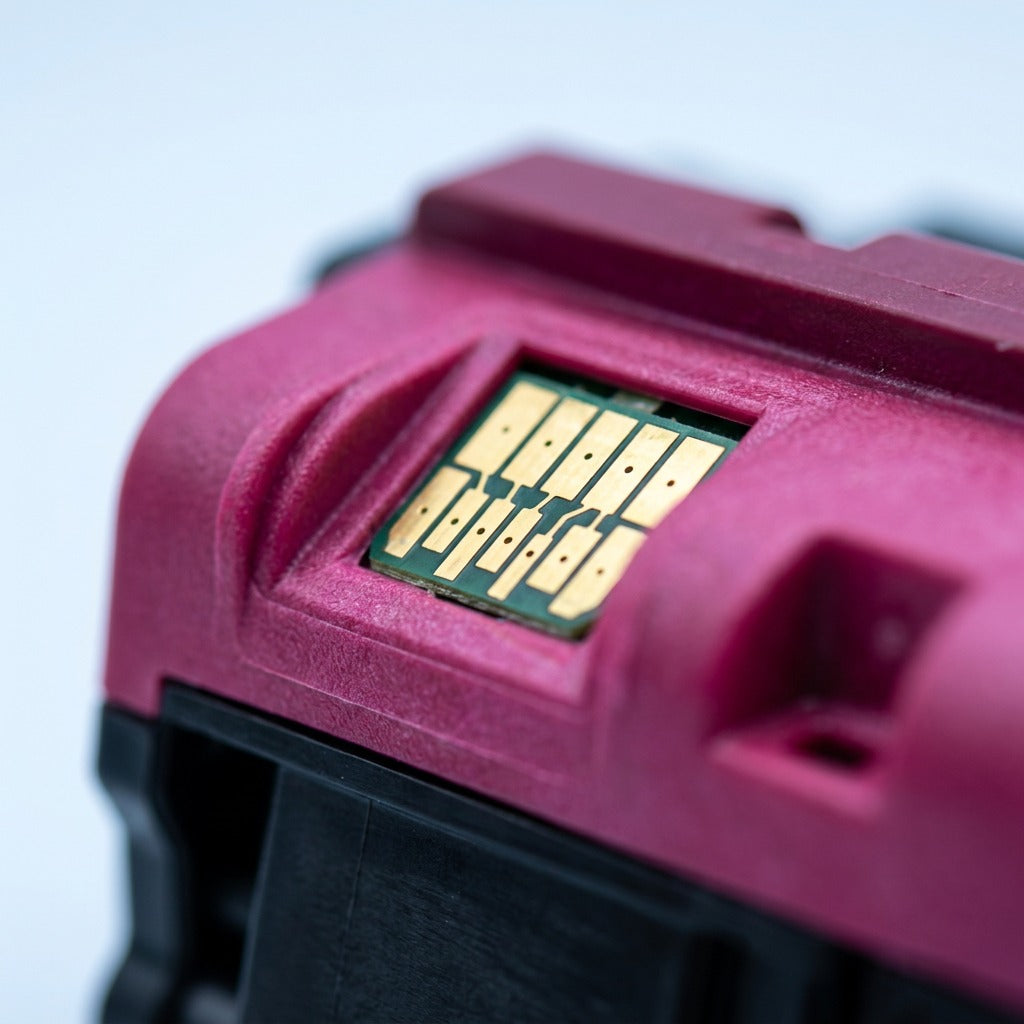 Macro view of gold electrical contact points on a magenta HP 645A C9733A remanufactured toner chip.