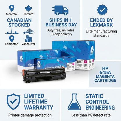 HP 645A Magenta remanufactured toner with icons for Canadian shipping and lifetime warranty.