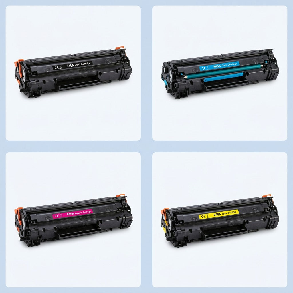 Grid showing four Elevate Imaging remanufactured HP 645A cartridges in black, cyan, magenta, and yellow.