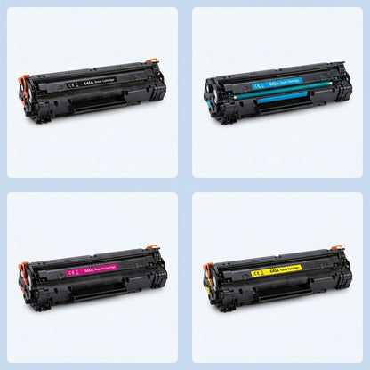 Grid showing four Elevate Imaging remanufactured HP 645A cartridges in black, cyan, magenta, and yellow.