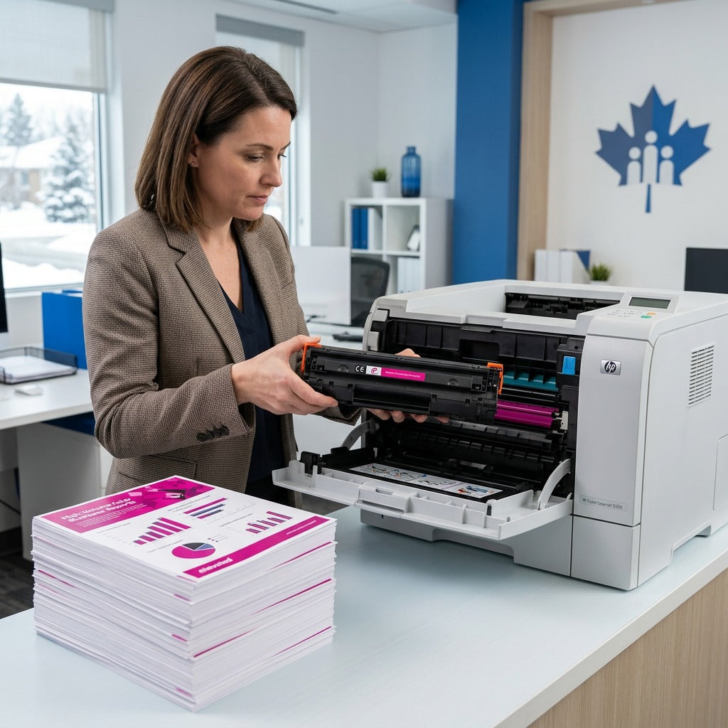 A professional installs an Elevate Imaging HP 645A magenta toner cartridge into a laser printer.