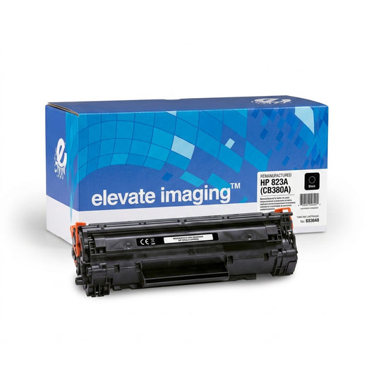 Elevate Imaging remanufactured HP 823A (CB380A) Black toner cartridge in front of its retail box.