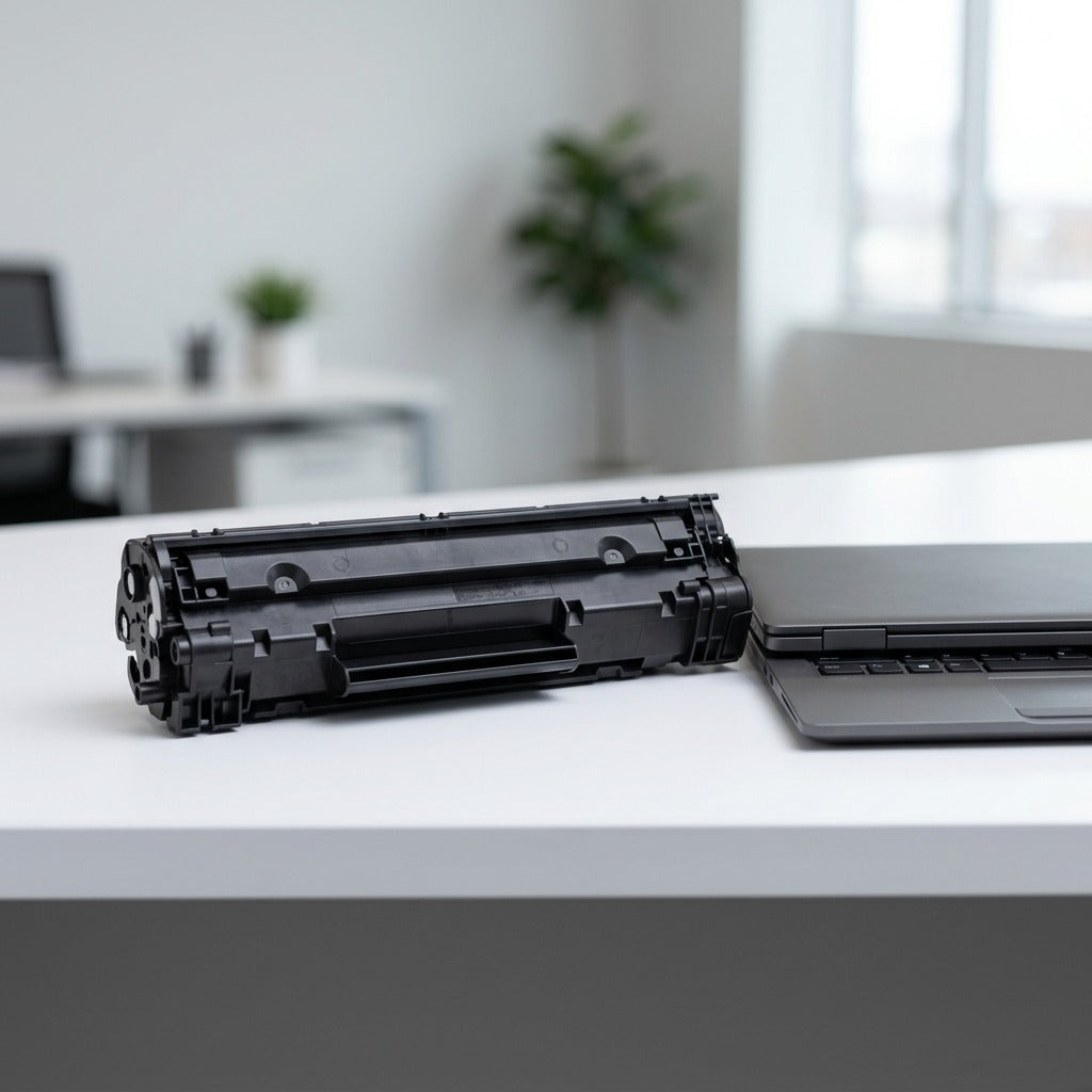 Elevate Imaging HP 823A (CB380A) black toner cartridge on a white desk next to a laptop for scale.