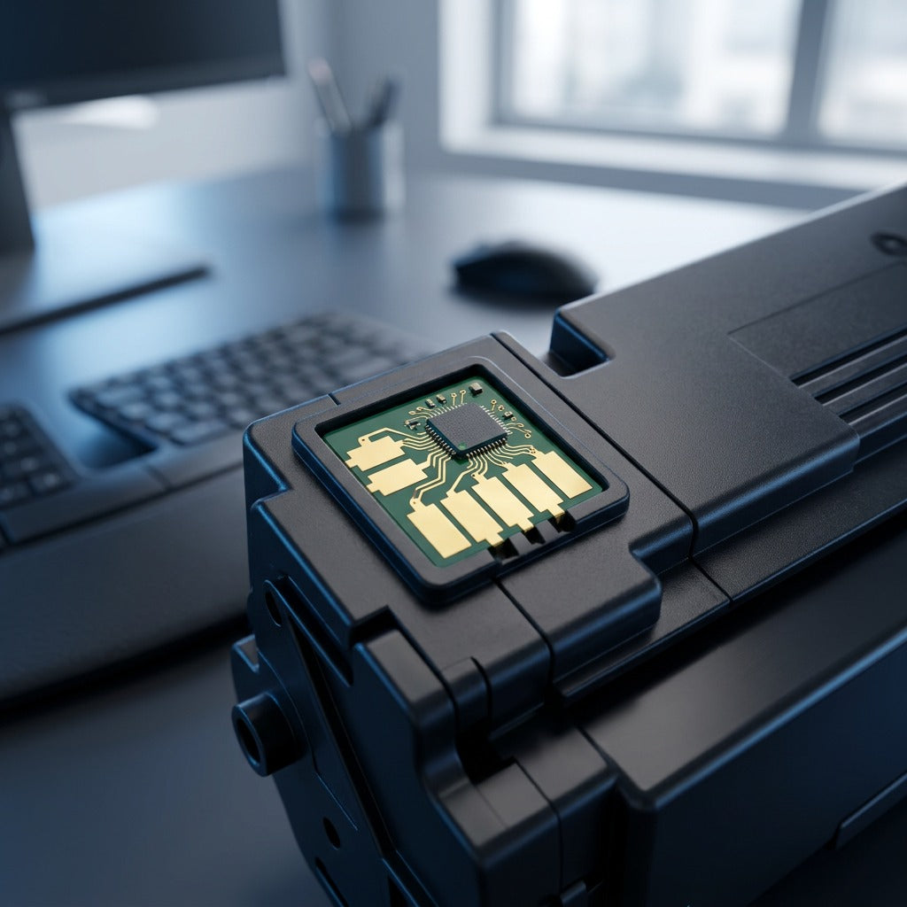 Macro detail of the smart chip and gold contact points on an Elevate Imaging HP 823A toner unit.