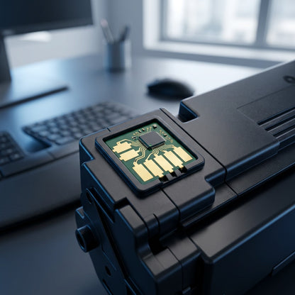 Macro detail of the smart chip and gold contact points on an Elevate Imaging HP 823A toner unit.