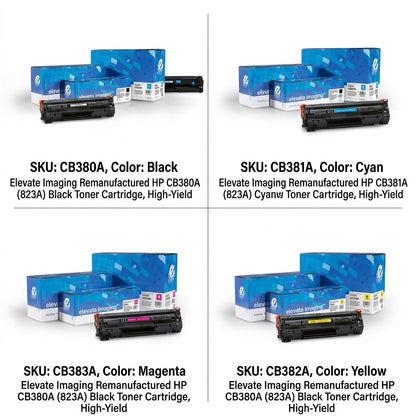 Elevate Imaging remanufactured HP 823A toner series in a black, cyan, magenta, and yellow 4-pack.