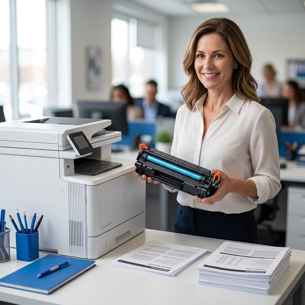 Office manager holding an Elevate Imaging HP 823A remanufactured toner cartridge near a laser printer.