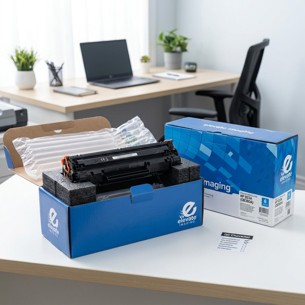Elevate Imaging HP 823A (CB380A) Black Toner Cartridge unboxed with protective foam and retail box.