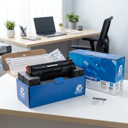 Elevate Imaging HP 823A (CB380A) Black Toner Cartridge unboxed with protective foam and retail box.