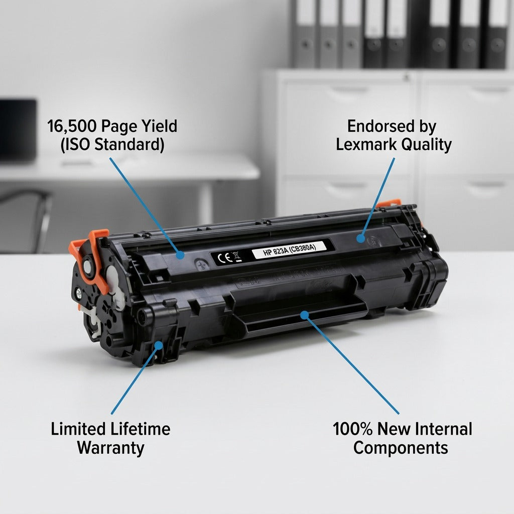 HP 823A (CB380A) Black Toner Cartridge with callouts for 16,500 page yield and new internal parts.