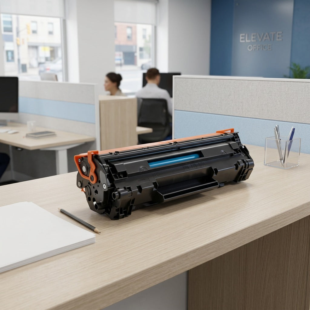 A remanufactured HP 823A cyan toner cartridge on an office desk next to paper and pens for scale.