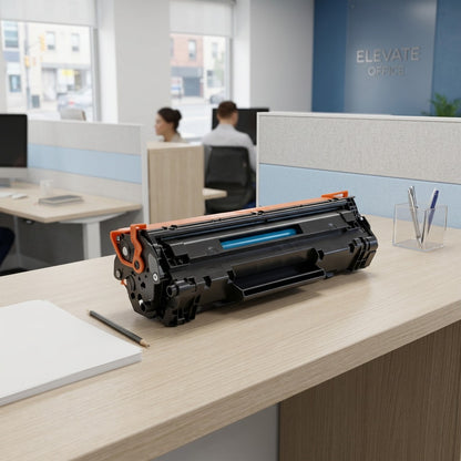 A remanufactured HP 823A cyan toner cartridge on an office desk next to paper and pens for scale.