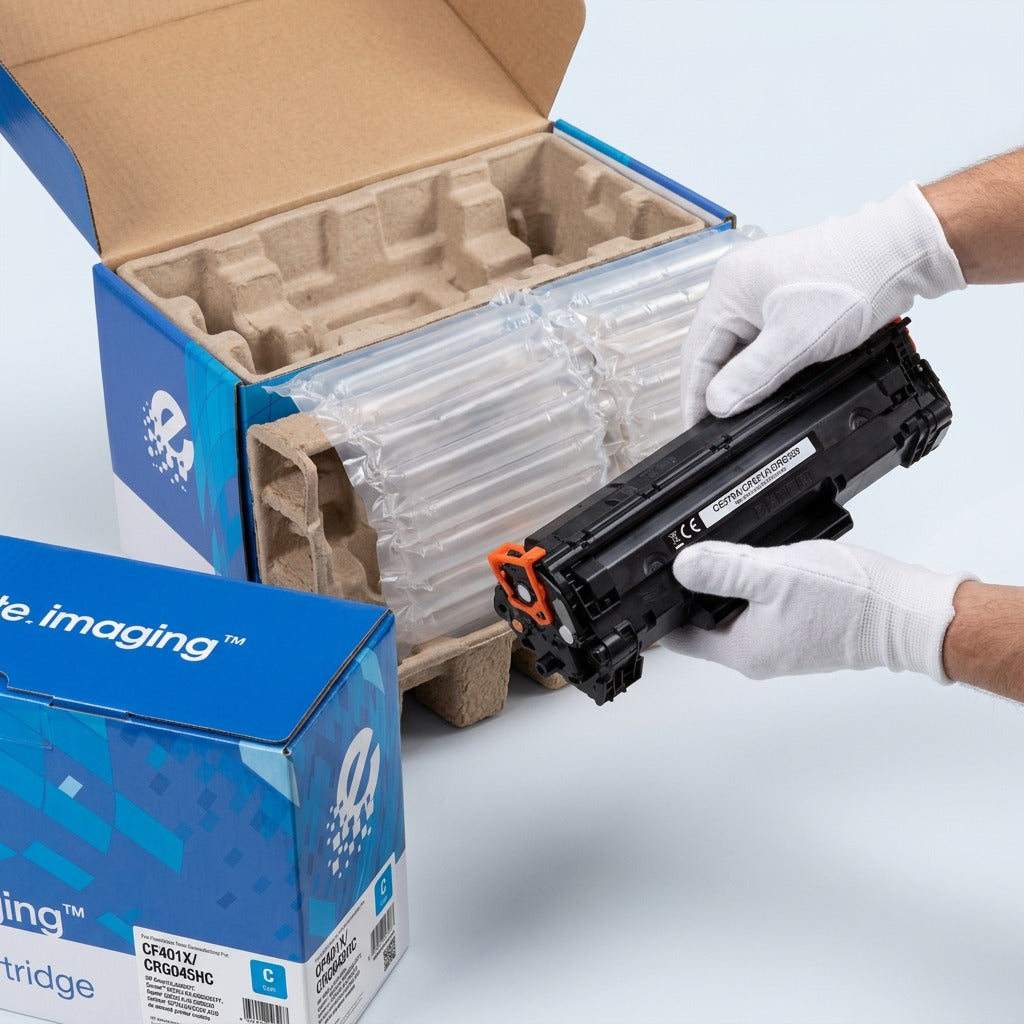 Unboxing an Elevate Imaging Remanufactured HP 823A Cyan toner cartridge from secure packaging.