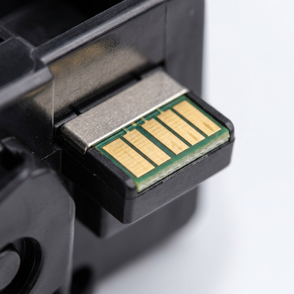 Macro view of the gold contact chip on an Elevate Imaging HP 823A (CB381A) Cyan Toner Cartridge.