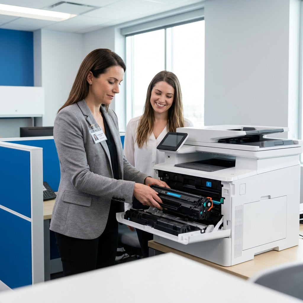 A professional installs an HP 823A Cyan Remanufactured Toner Cartridge into a LaserJet A3 printer.