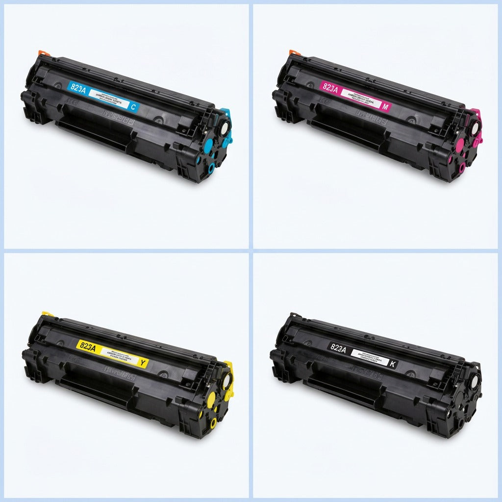 A 2x2 grid showing Cyan, Magenta, Yellow, and Black Elevate Imaging 823A remanufactured toner cartridges.