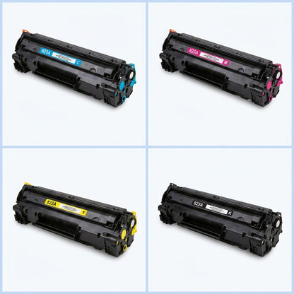 A 2x2 grid showing Cyan, Magenta, Yellow, and Black Elevate Imaging 823A remanufactured toner cartridges.