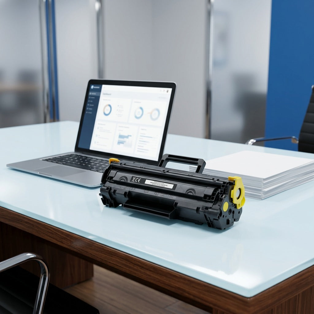 Yellow HP 824A (CB382A) remanufactured toner cartridge shown for scale next to a laptop and paper.