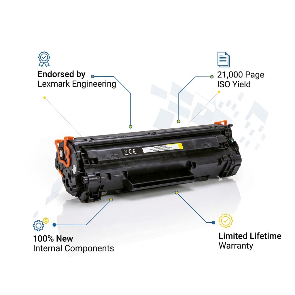 Yellow HP 824A toner cartridge callouts: 21,000 page yield and new internal components.
