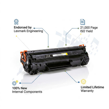 Yellow HP 824A toner cartridge callouts: 21,000 page yield and new internal components.