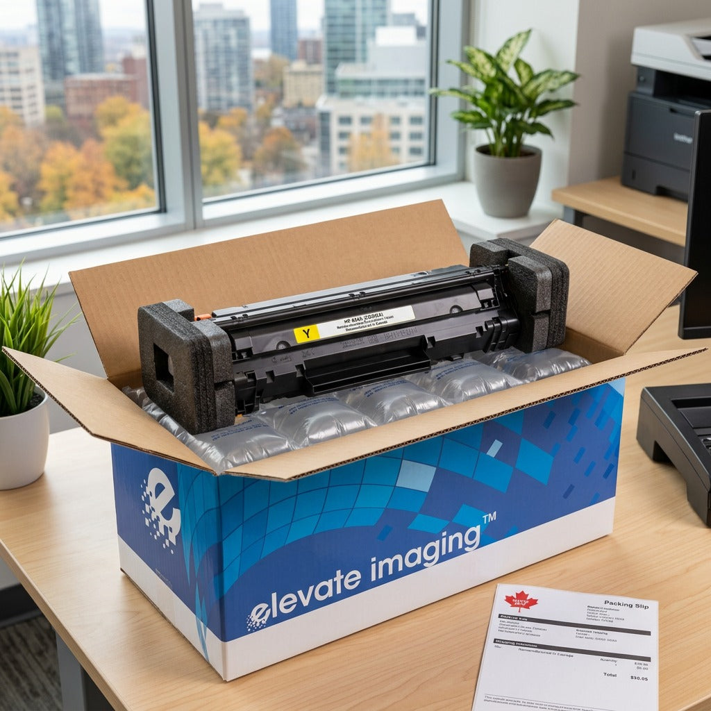Elevate Imaging Yellow Toner Cartridge in open retail box with protective foam and air cushions.