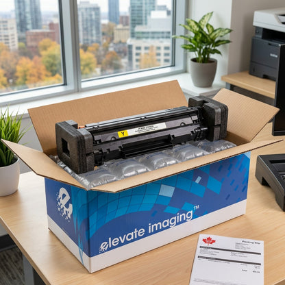 Elevate Imaging Yellow Toner Cartridge in open retail box with protective foam and air cushions.