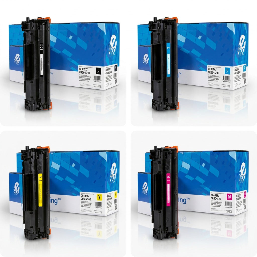 A 2x2 grid showing Elevate Imaging remanufactured HP 824A toner cartridges in black, cyan, yellow, and magenta with boxes.