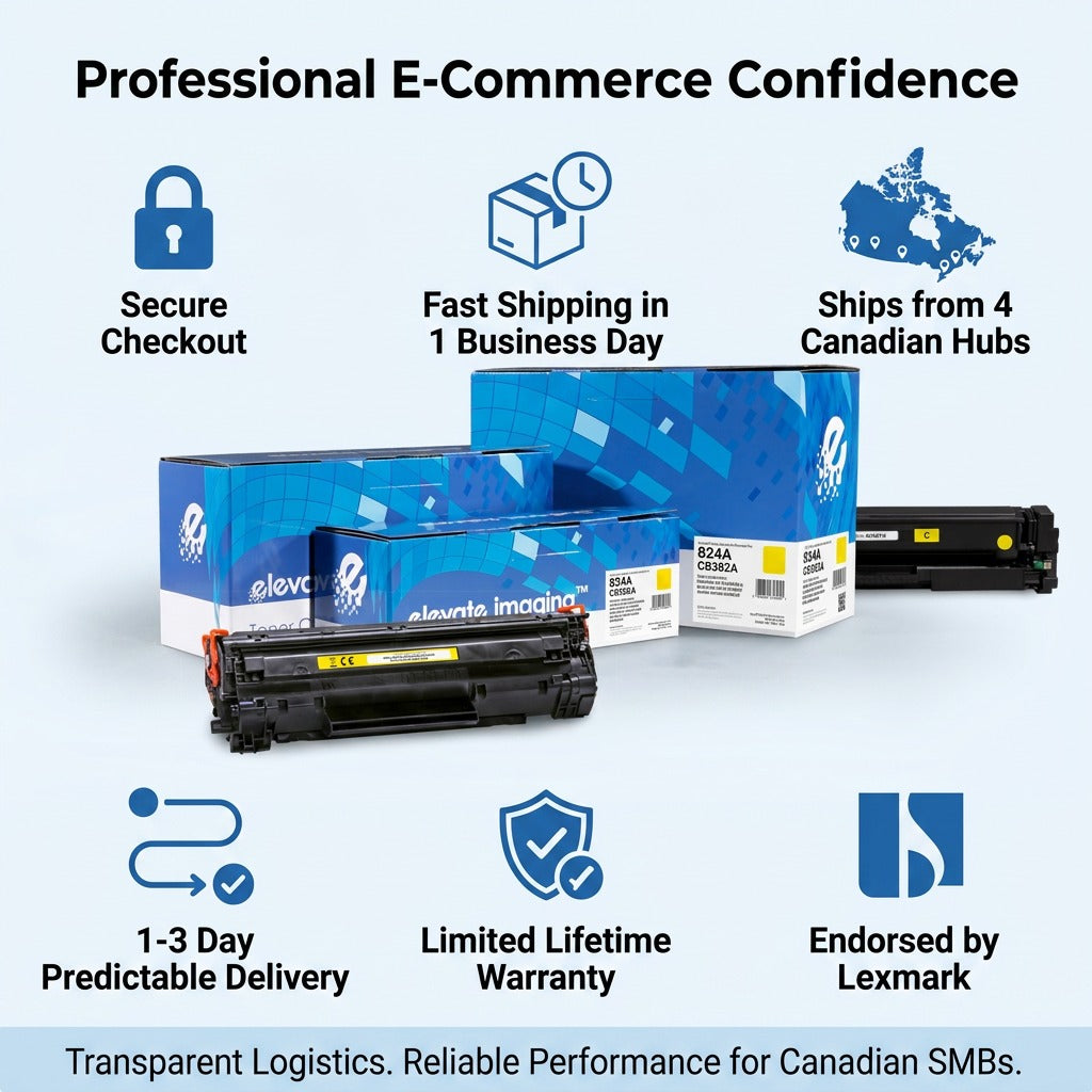 Trust infographic for Elevate Imaging HP 824A yellow toner with 1-day shipping and warranty icons.