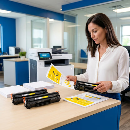 Office manager holds yellow prints near Elevate Imaging HP CB382A remanufactured toner cartridges.