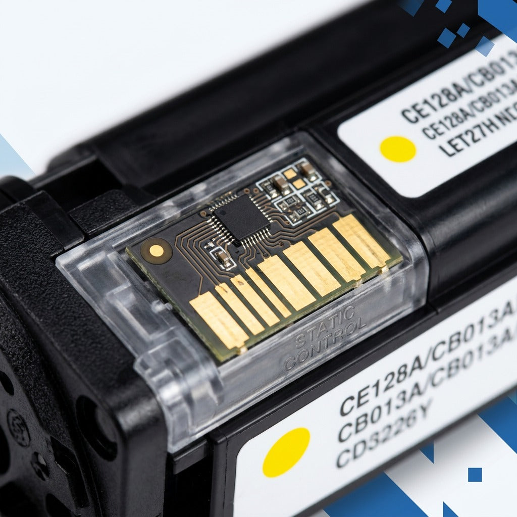 Macro detail of the precision gold-plated chip on an Elevate Imaging HP 824A yellow toner cartridge.