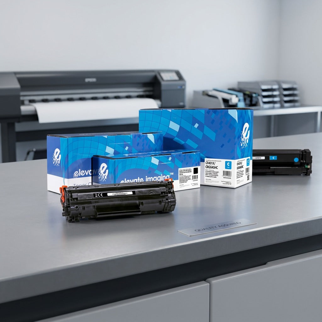 Elevate Imaging remanufactured toner cartridges and retail boxes on a desk in a printing office.