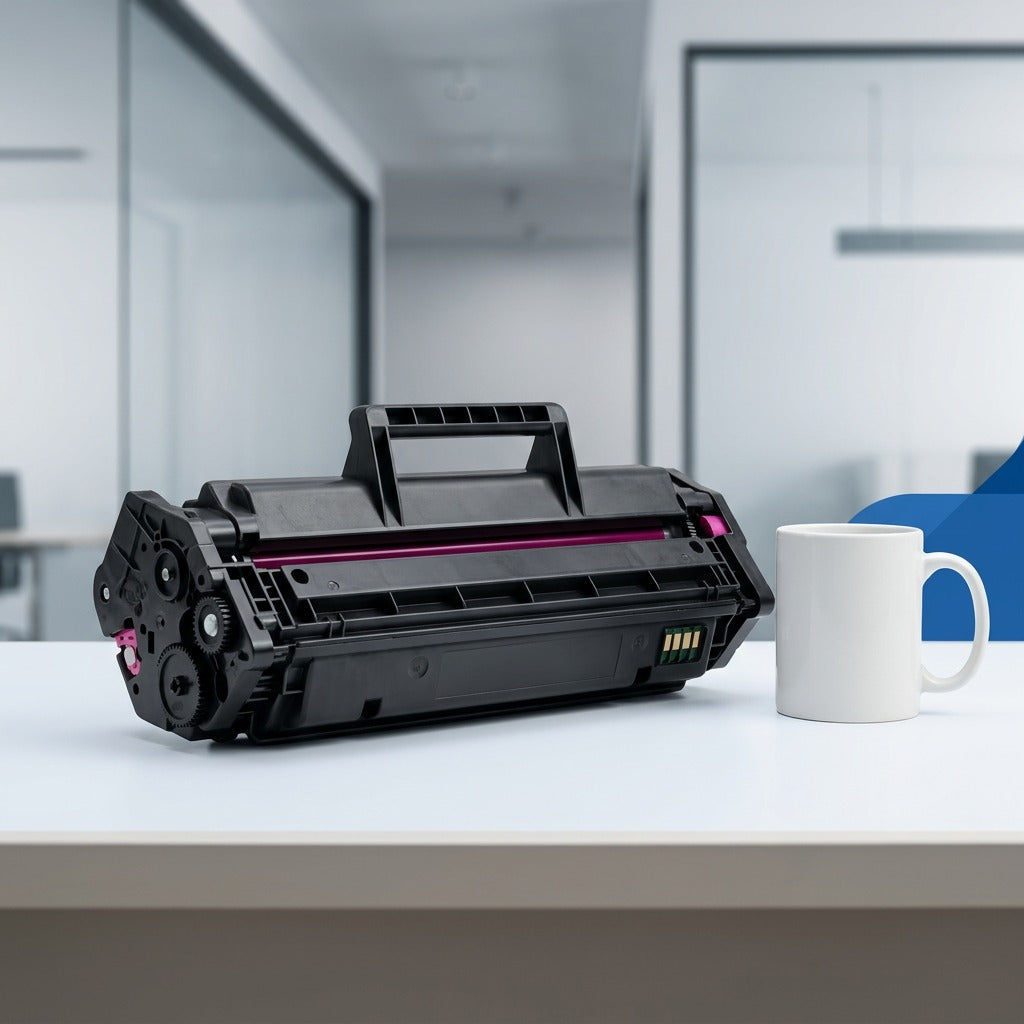 HP 647A (CB383A) magenta toner cartridge on a desk next to a coffee mug for scale reference.