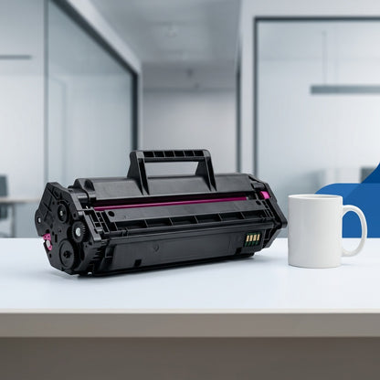 HP 647A (CB383A) magenta toner cartridge on a desk next to a coffee mug for scale reference.