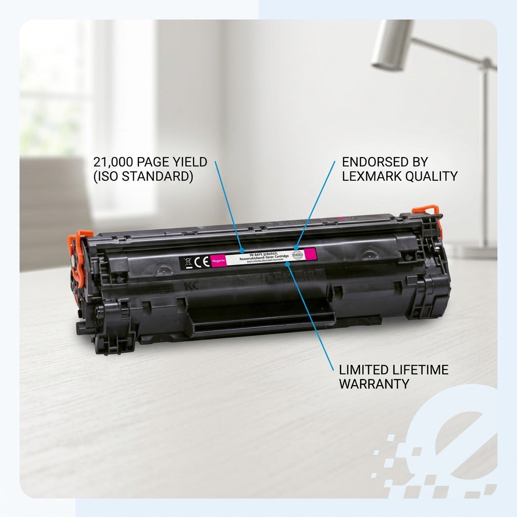 Remanufactured magenta toner cartridge for HP 647A with 21,000 page yield and lifetime warranty.