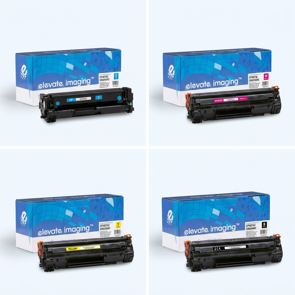 A 2x2 grid showing Elevate Imaging HP 647A series toner cartridges in cyan, magenta, yellow, and black.