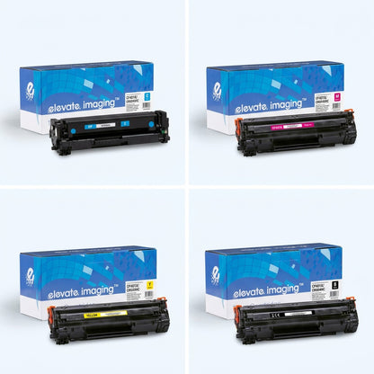 A 2x2 grid showing Elevate Imaging HP 647A series toner cartridges in cyan, magenta, yellow, and black.