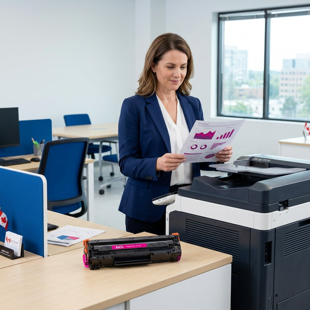 Office manager reviews documents printed with an HP 647A Magenta Toner Cartridge on the desk.