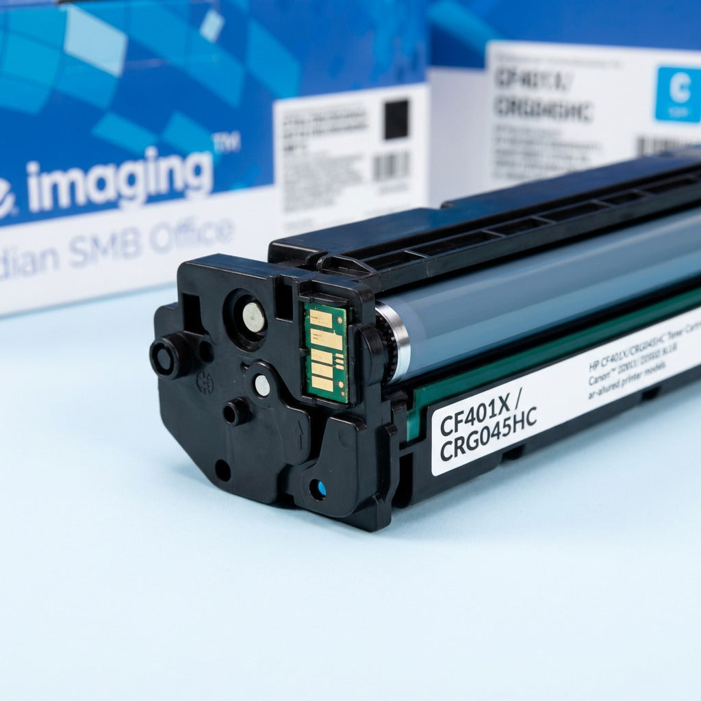 Macro detail of the contact chip and roller on an Elevate Imaging remanufactured toner cartridge.